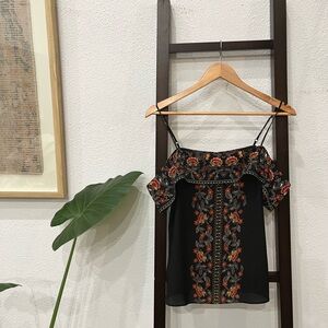 Women’s Floral Black Top Spaghetti Strap With Off The Shoulder Sleeves